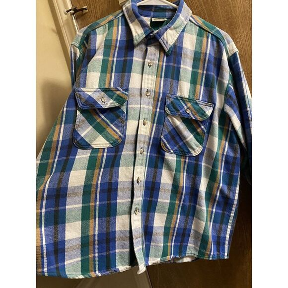 Vintage Five Brothers Thick Flannel Button Up Shirt XL Shacket Blue Green Yellow - Picture 2 of 12